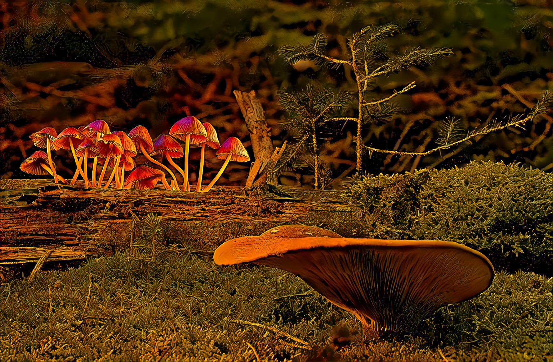 Small red mushrooms & a large one on forest floor