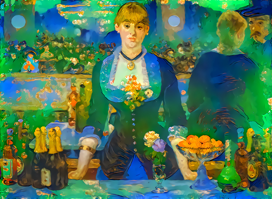 Manet Folies-Bergere re-styled blue and green impressionist