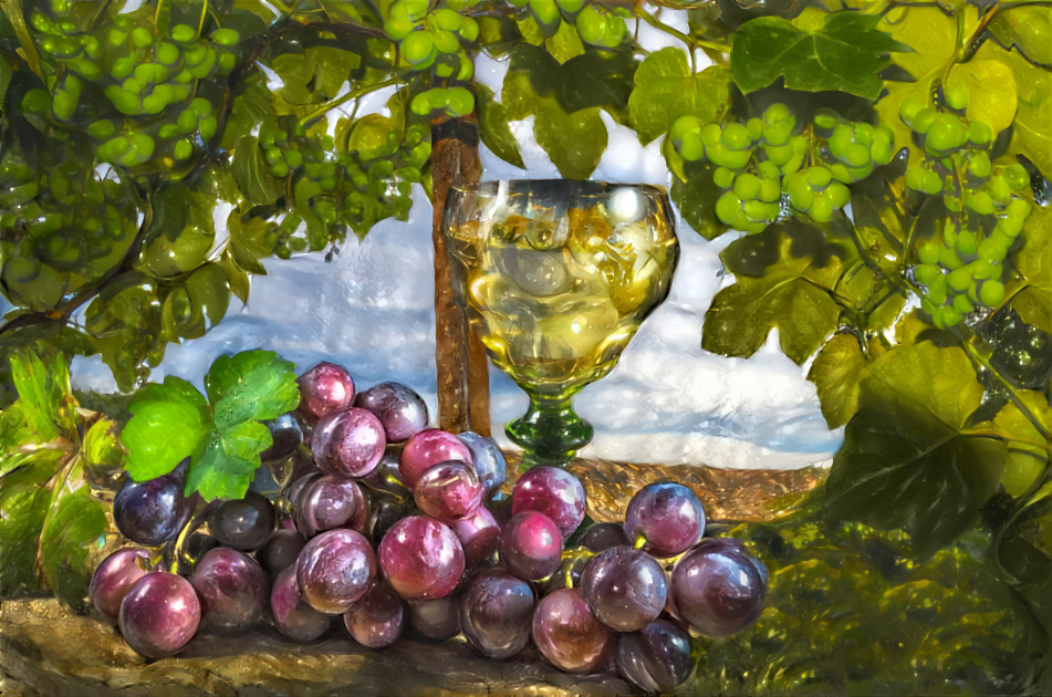 Glass and grapes.