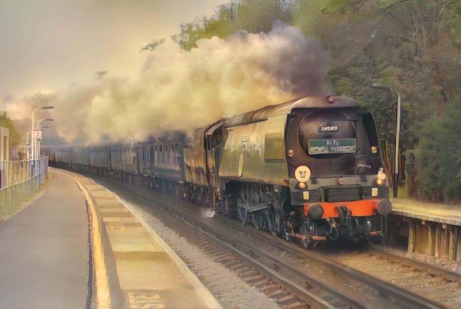 The Royal Wessex hauled by Battle of Britain 34067 'Tangmere', passing through Ashurst, Hampshire.