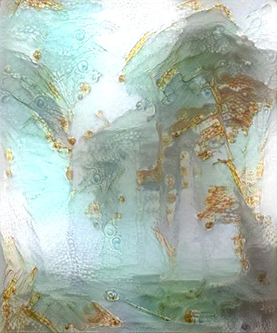 trees in rain & fog, white, aqua, gold