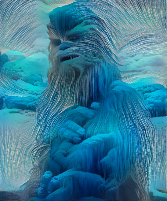 chewbacca poses outside in the snow with blue hair