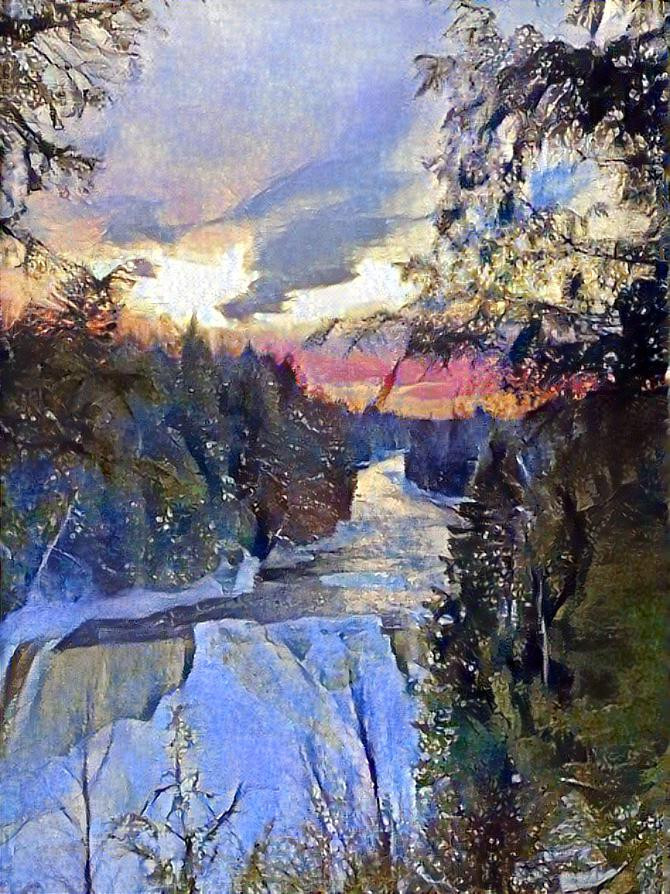Winter, Waterfall Sunset