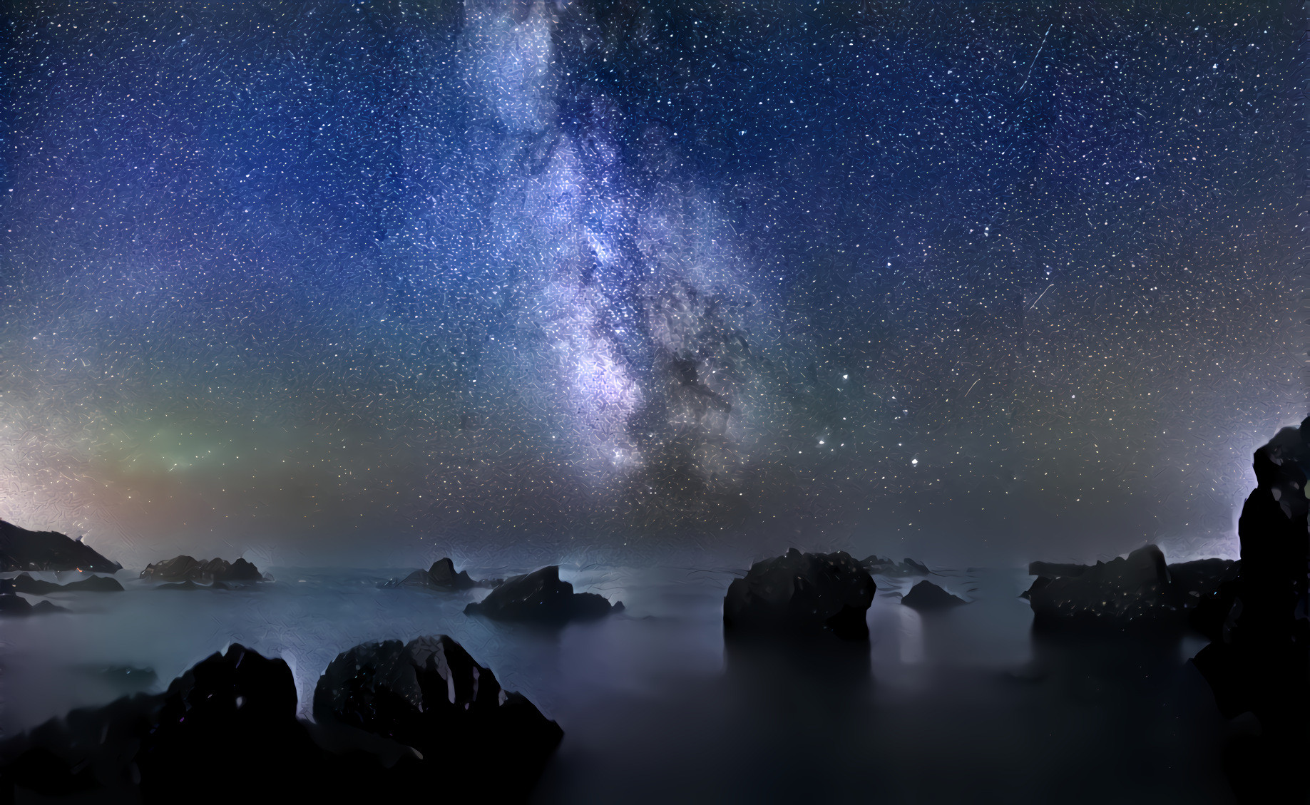The Milky Way in Blue and Gray. Source photo by Luca Baggio and filter photo by Štefan Štefančík, both on Unsplash.