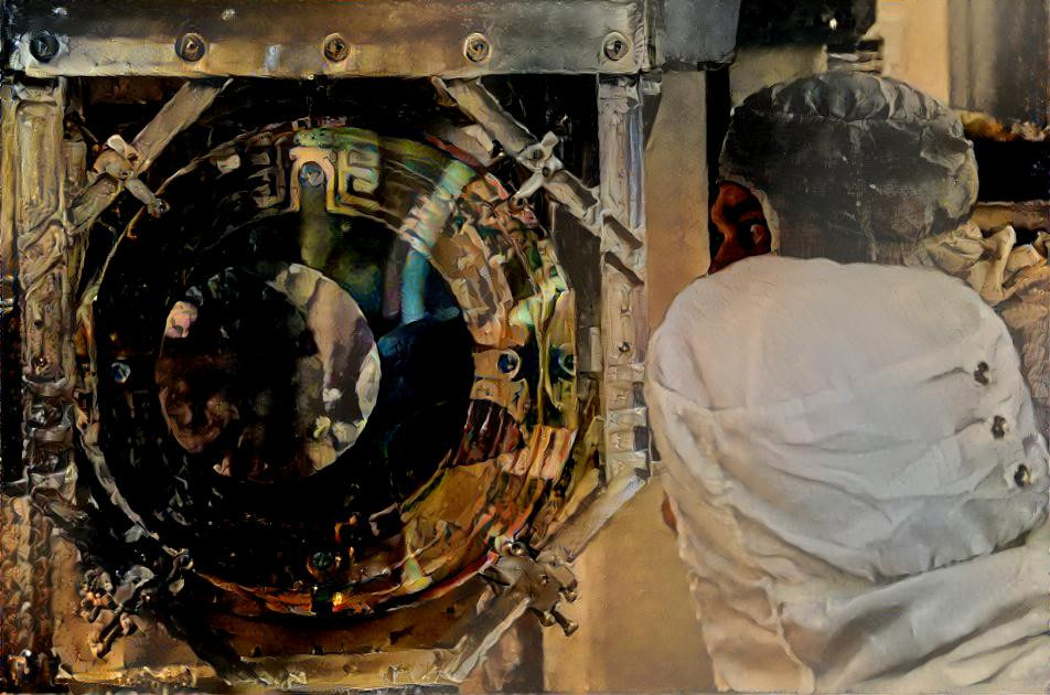 Inspecting a LIGO Mirror (style of Hieronymous B)