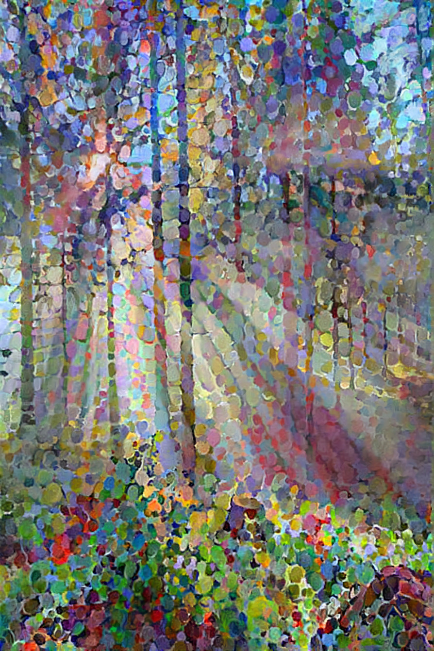 light through trees, pointillism