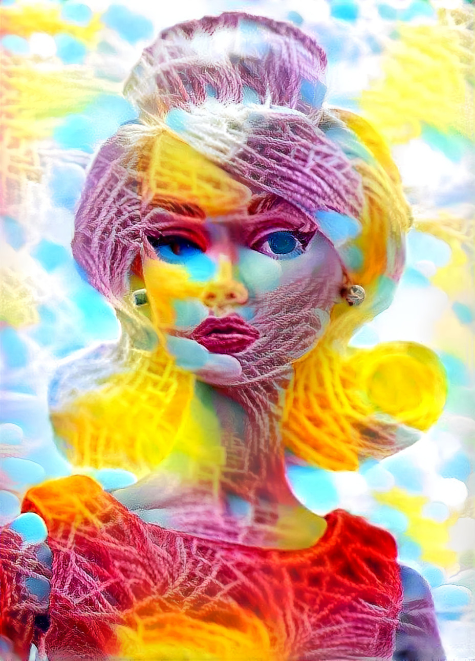 barbie, spirograph, colored yarn
