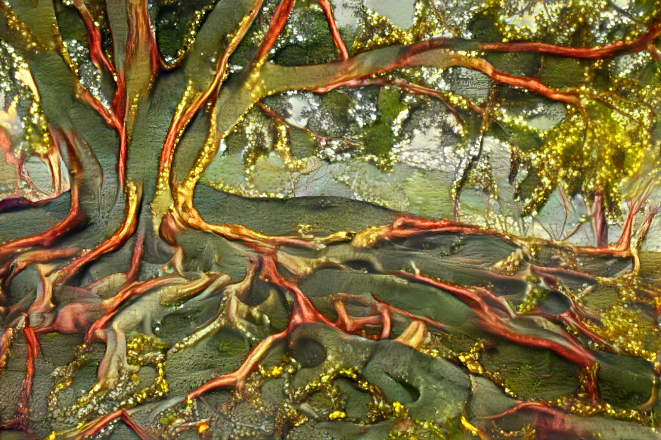 tree roots, green, gold, 3d art