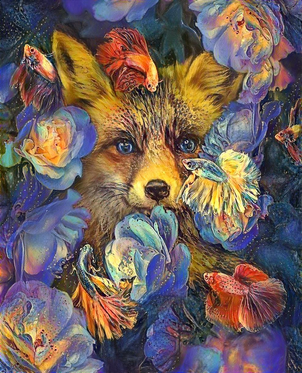 Fox surrounded with  Flowers and Fish