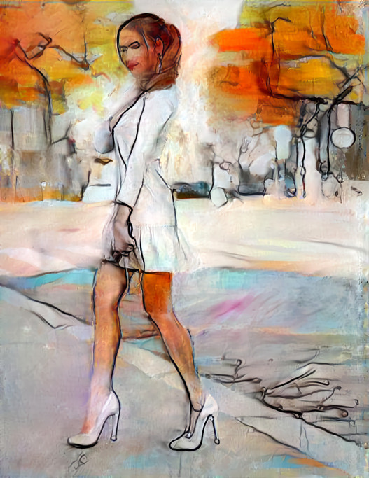 model in dress and heels crossing street, painting