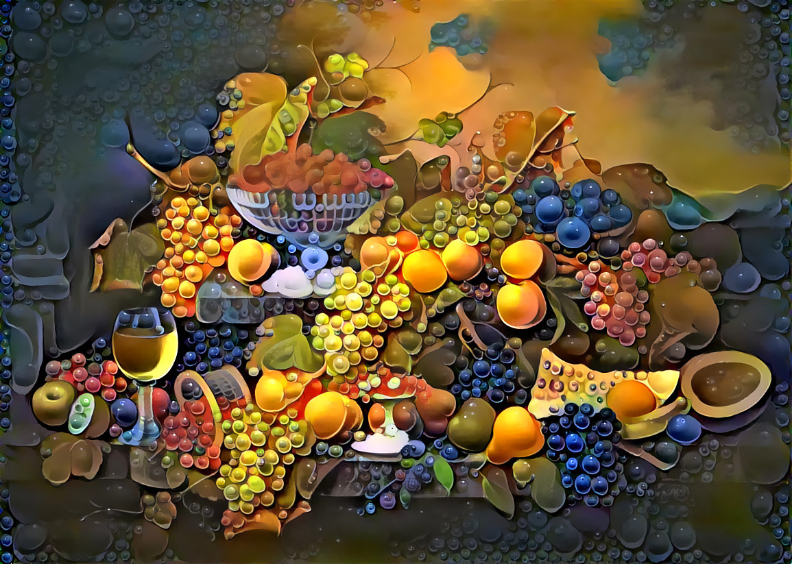 ''A better life'' _ source: ''Abundance of Fruits'' - oil on canvas by Severin Roesen _ ''Stay Healthy with Fruity Vitamins'' (DDG Challenge by Irene Muehldorf, on ''Deep Dreamers'' Facebook group (20021)