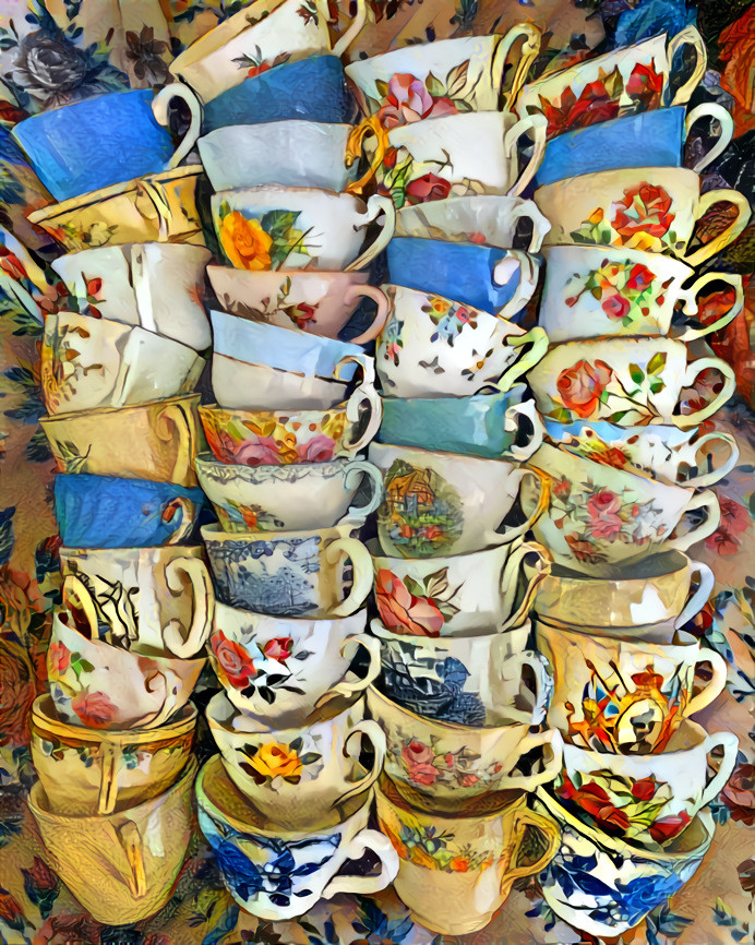 Waltz of the china cups. A reprise of a previous dream using 'Many Cups' jigsaw puzzle. My style incorporates elements from a work by Adolf Wölfli (1864-1930), Swiss, who was one of the first artists to be associated with Art Brut (outsider art).
