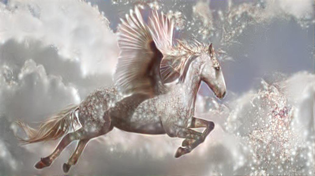  Spakling flying horse in the clouds