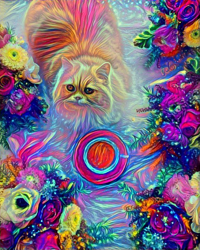 psychedeloscopeart style teacup cat