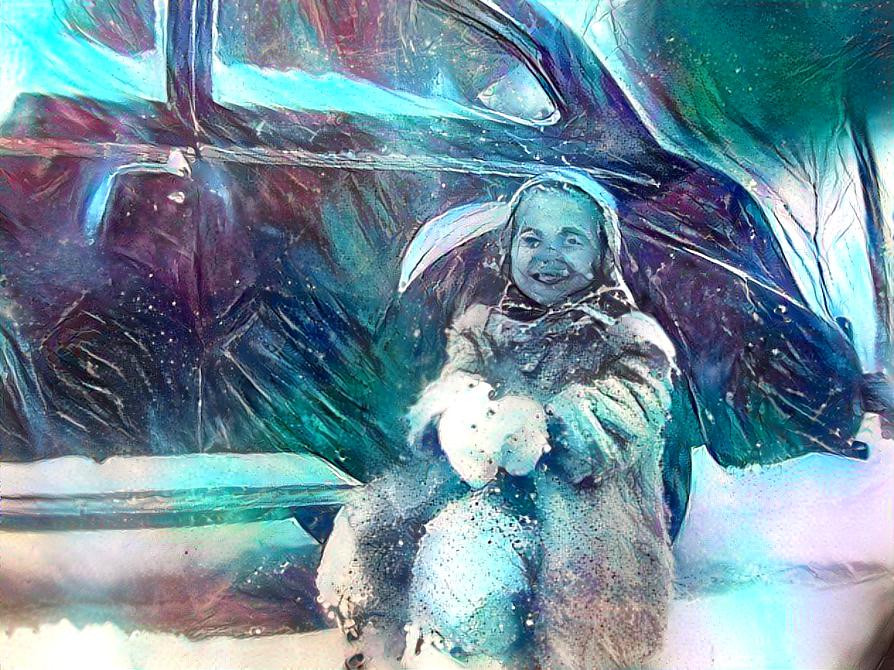 Happy Little Girl in the Snow by Dad's 1936 Chevy