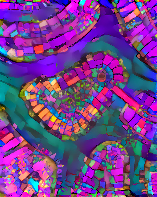 aerial view of floating neighborhoods, purple aqua