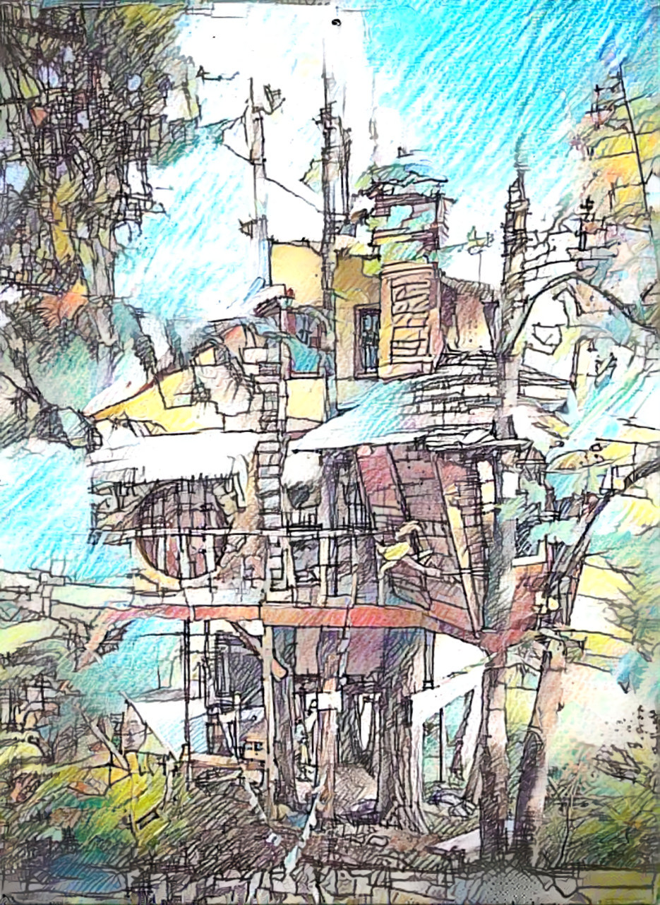 treehouse, tree, house, drawing, colored pencils