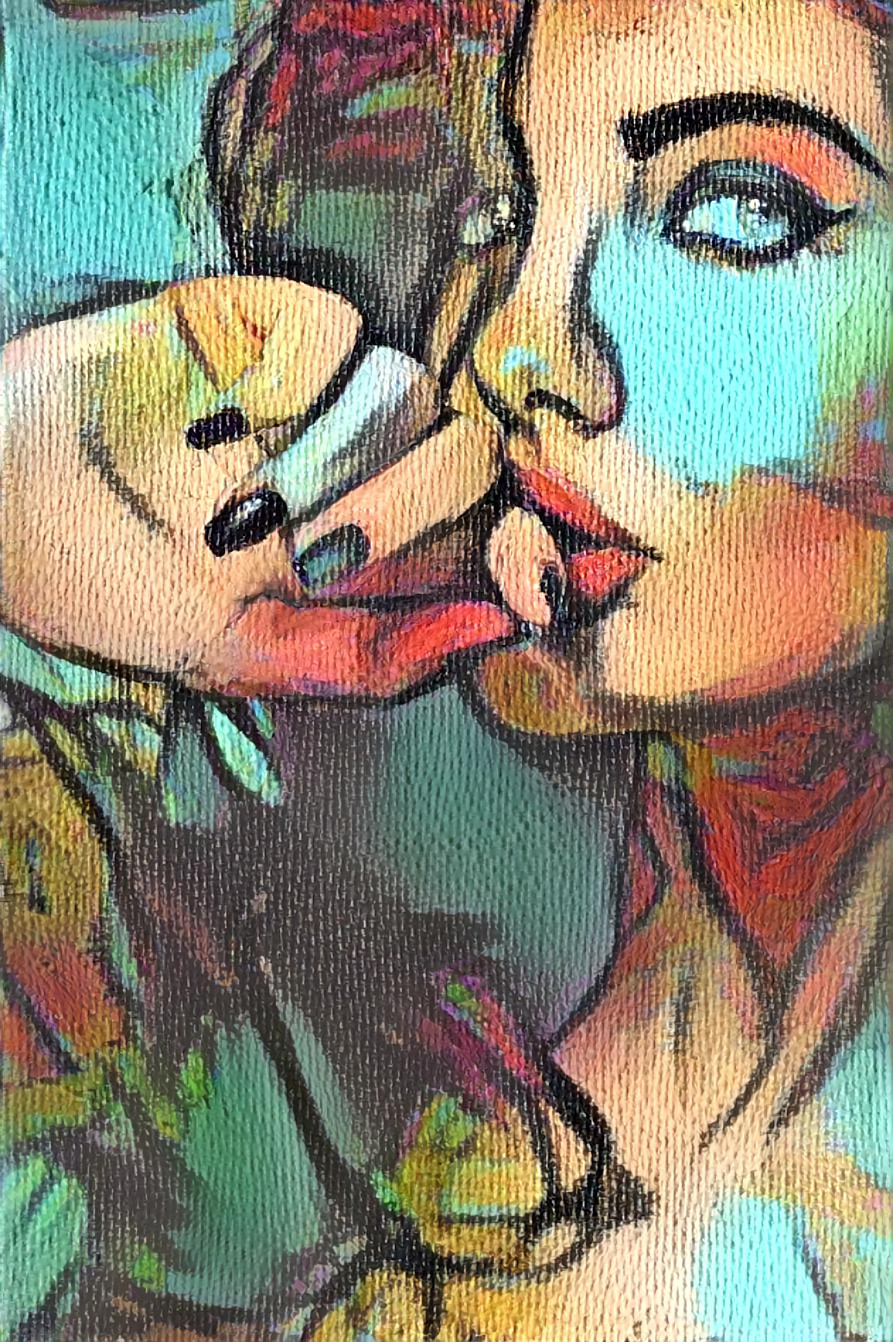 model touching mouth - painting - canvas texture