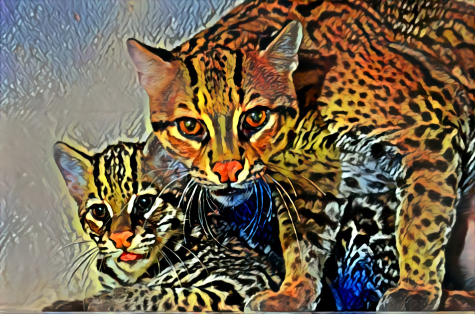 Mother Ocelot With Baby [Predator,fast runners, climb, swim,+ excellent vision, Small: 28 -35 in. @ 24 to 35 lbs, Prey: Land /water = rabbits, rodents, iguanas, fish, and frogs. Trees:  monkeys or birds, https://www.nationalgeographic.com/animals/mammals/o