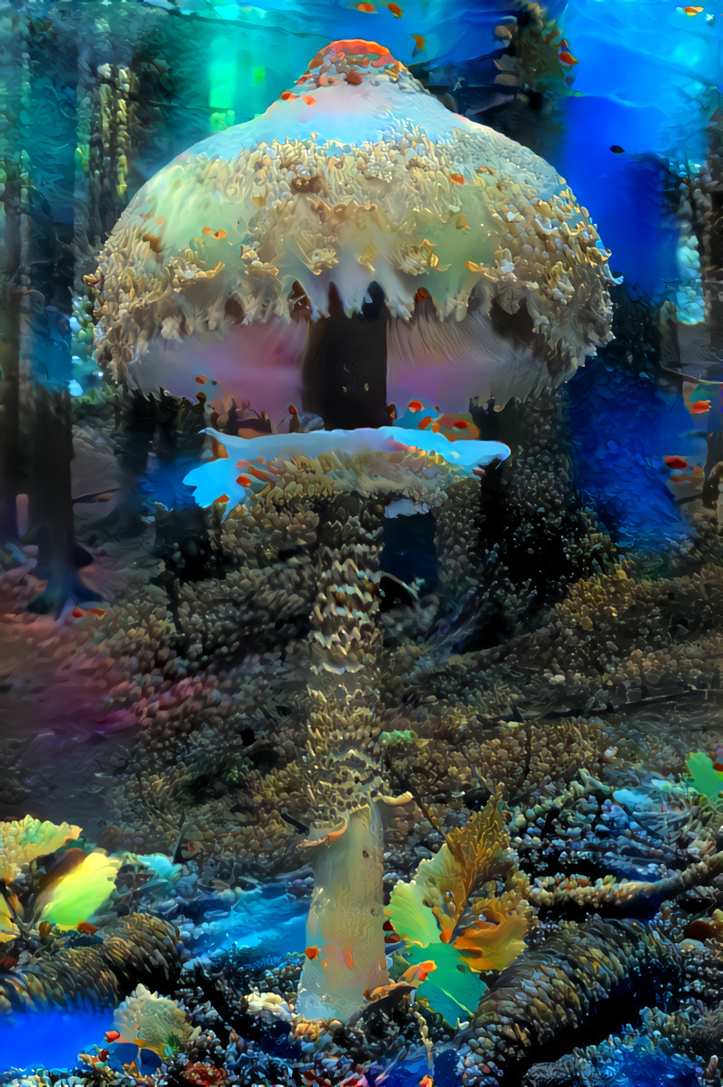 giant mushroom in forest, retextured, underwater 