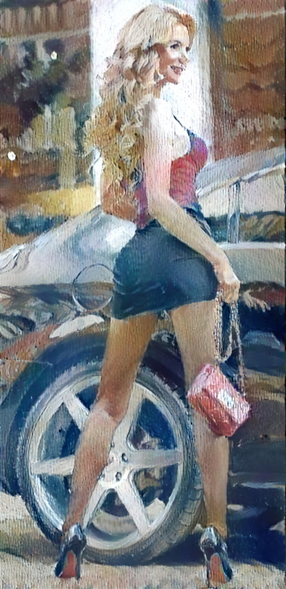model holding purse outside car, painting
