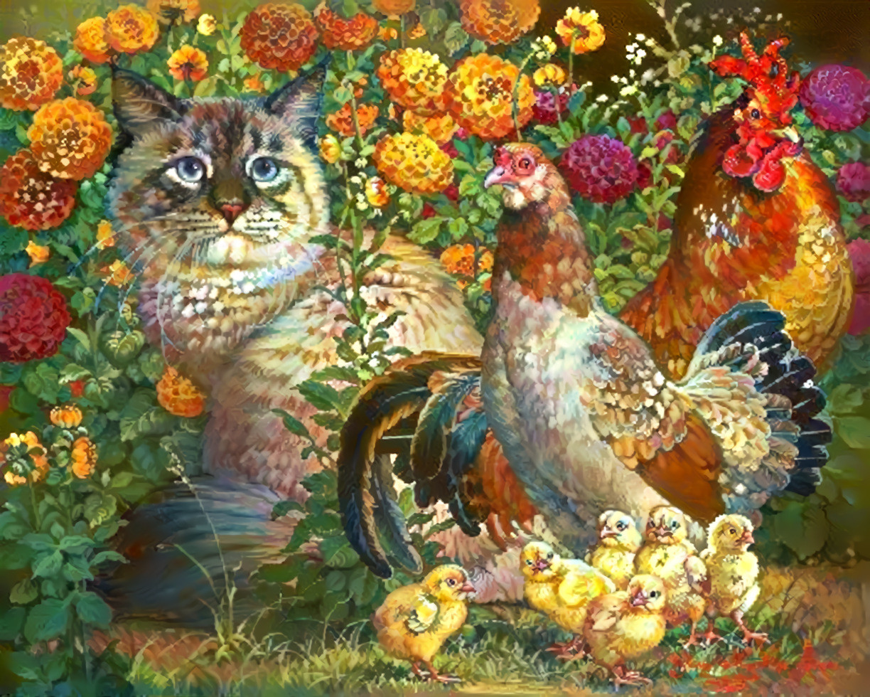 Siberian Cat with Chicken Family