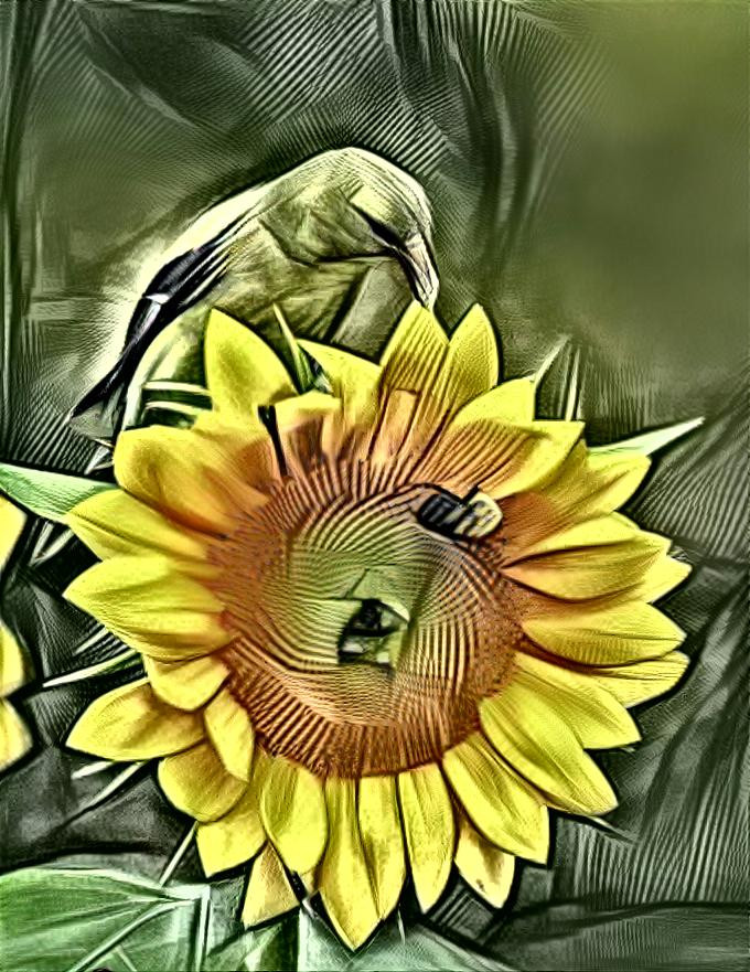 Sunflower with Bird and Bee
