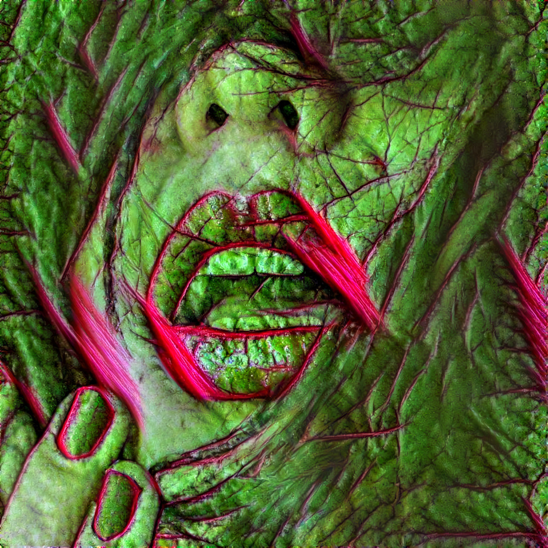 model touching cheek - red, green, leaf
