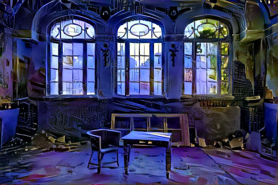 Table and chair in abandoned Villa