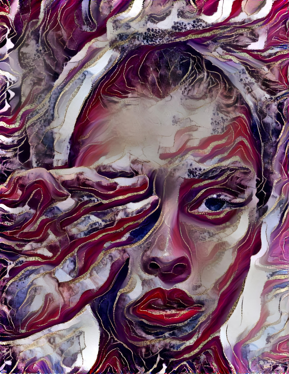 model touching eye w/head wrapped - red swirl