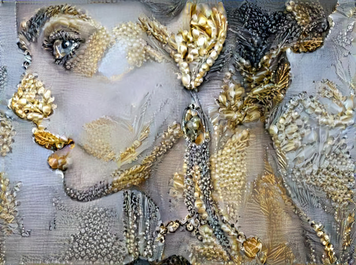 yael shelbia, side profile, gold, silver embroidey