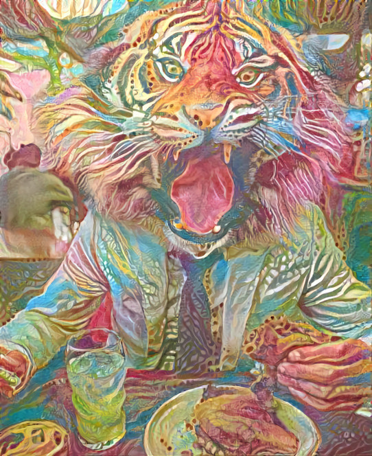tiger in restaurant eats hamburger - iridescent