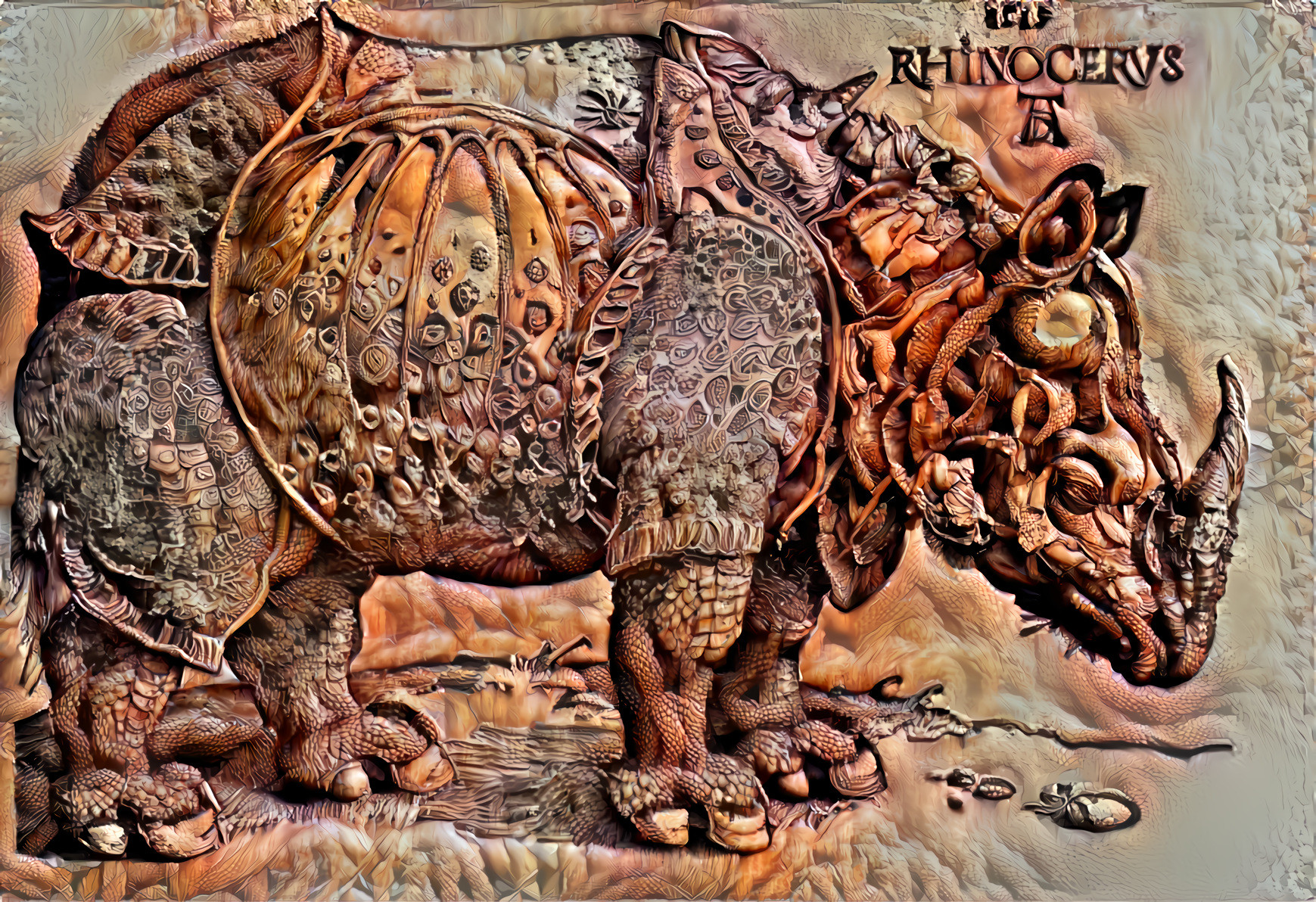 A woodcut of Durer`s Rhinoceros