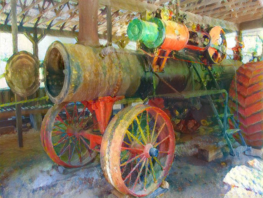 Large Steam Tractor Connected to Sawmill