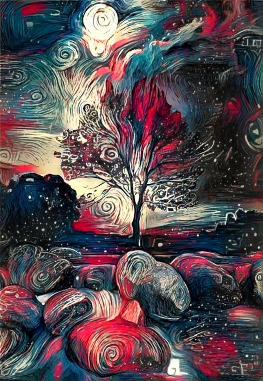 tree painting, red, blue, swirls