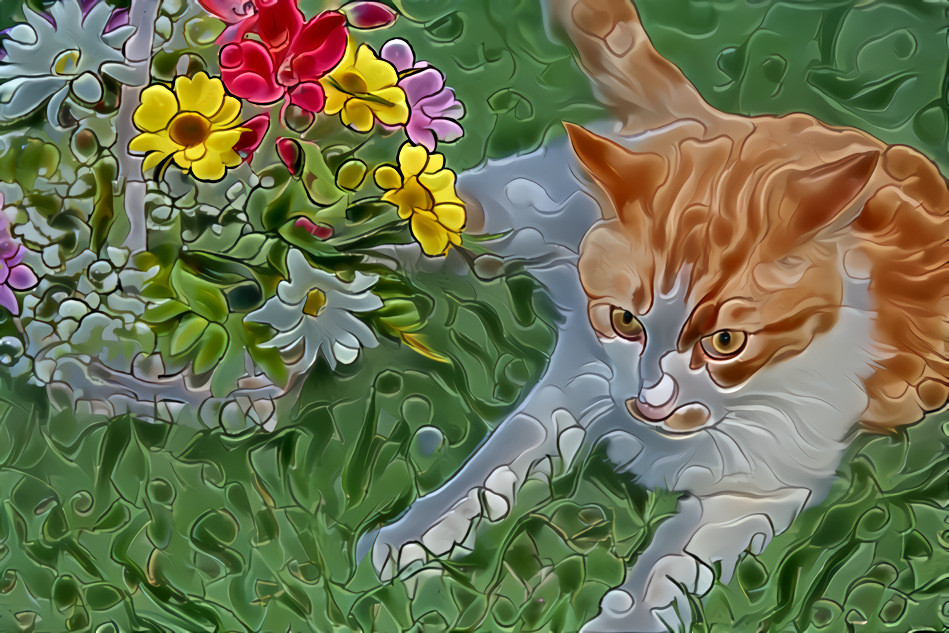 Cat with bouquet -photo by Rheascope, enamel style