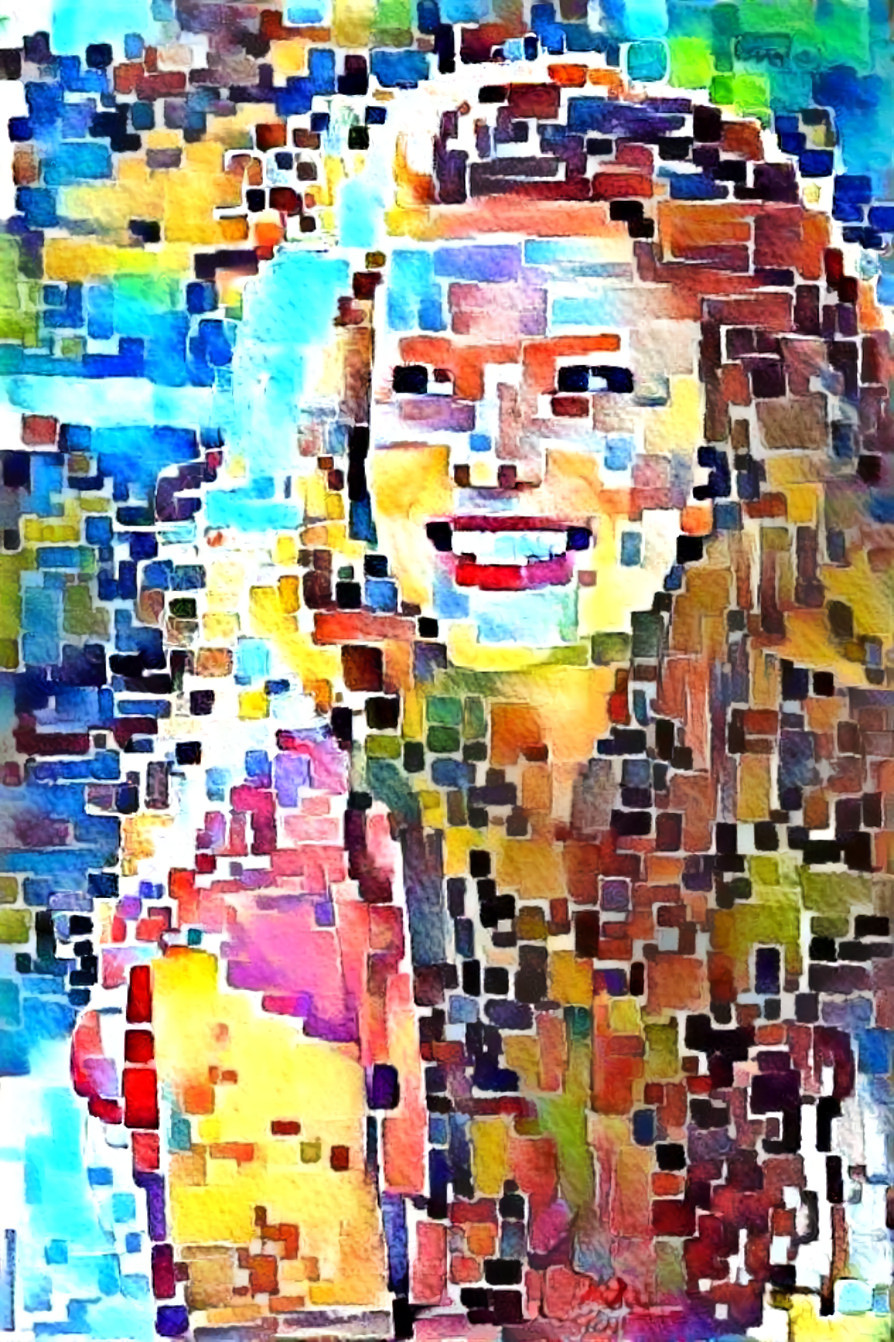 redhead smiling into sunshine colored squares
