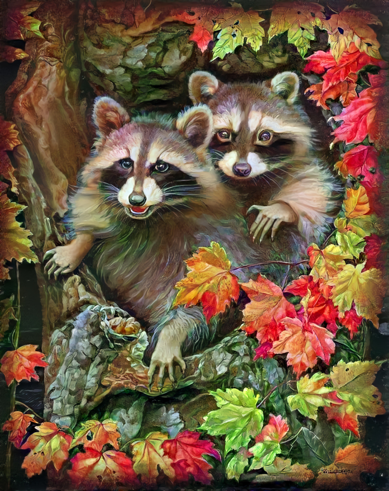 Two Raccoons In A Tree