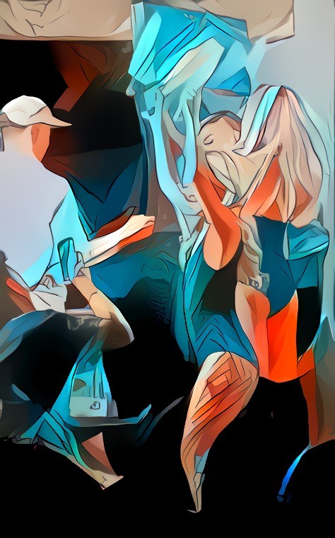 Likely to try this with a different cartoon filter, as I think of my friend as though she is a cartoon. A friend dancing in a dark room with 2 glow sticks