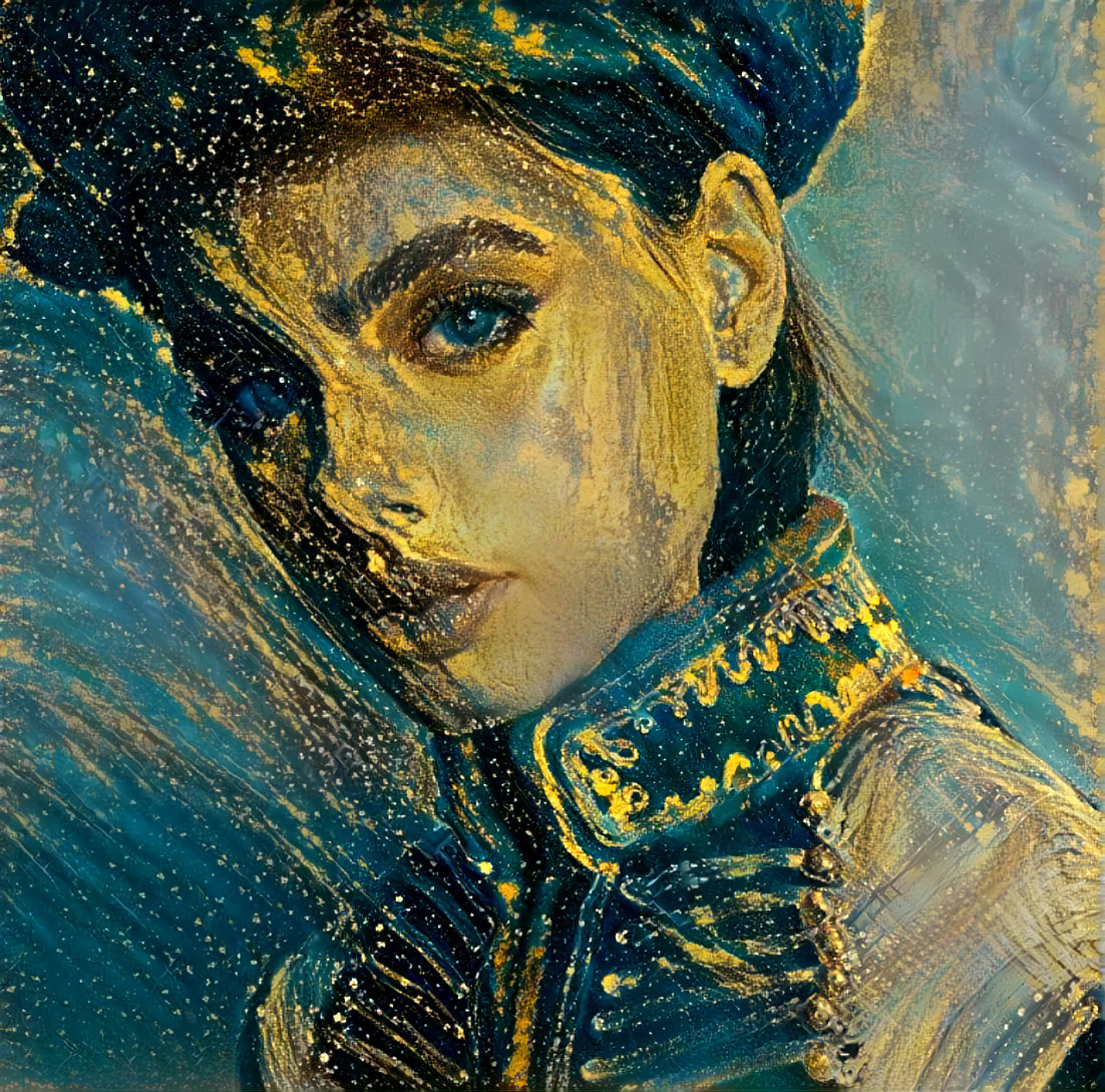 yael shelbia wearing hat, blue, gold