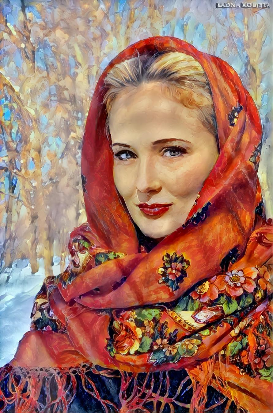 Woman in Pavlovo Posad shawl 