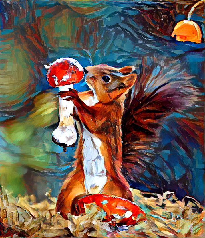 Squirrel takes a smell at a fly agaric.