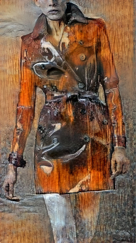 model in raincoat, retextured, wood grain