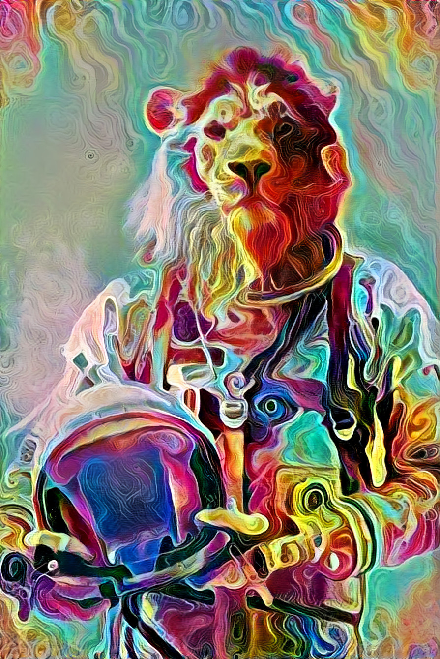 lion astronaut holding helmet, swirled color