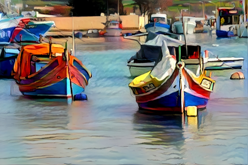 Luzzus (typische Fischerboote) im Dorf Marsaxlokk (malerisches Fischerdorf) auf Malta