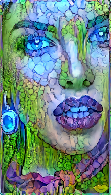 model with earring - green, blue, purple