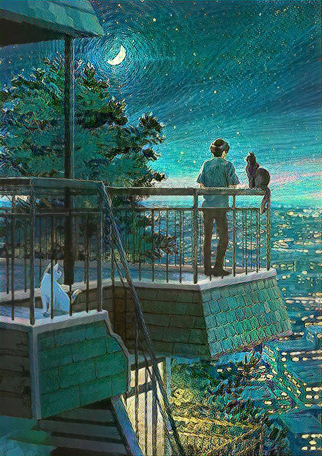 Balcony scene with Moon, a boy, and two cats