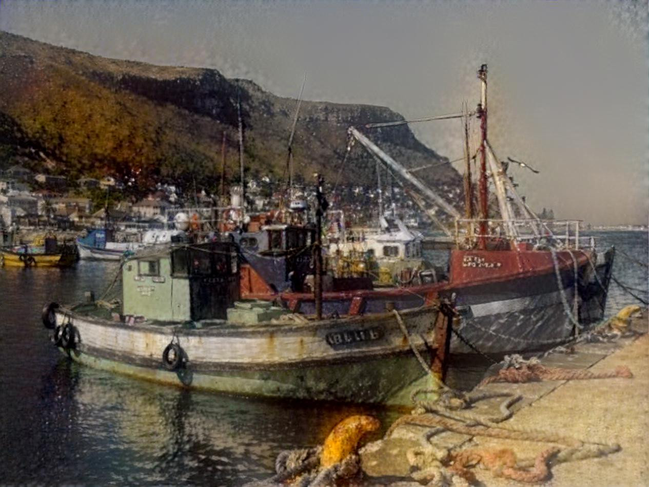 Fishing boats in Kalk Bay, Cape Town - style is a painting by Julien Porisse