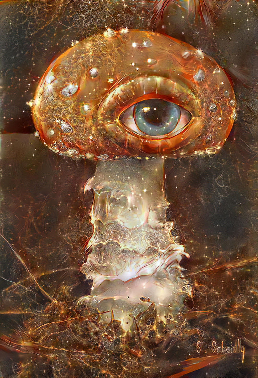 mushroom with eyeball - gold, orange, white