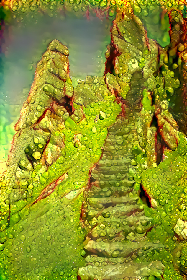 retexture, water beads green leafs hill steps